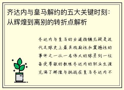 齐达内与皇马解约的五大关键时刻：从辉煌到离别的转折点解析